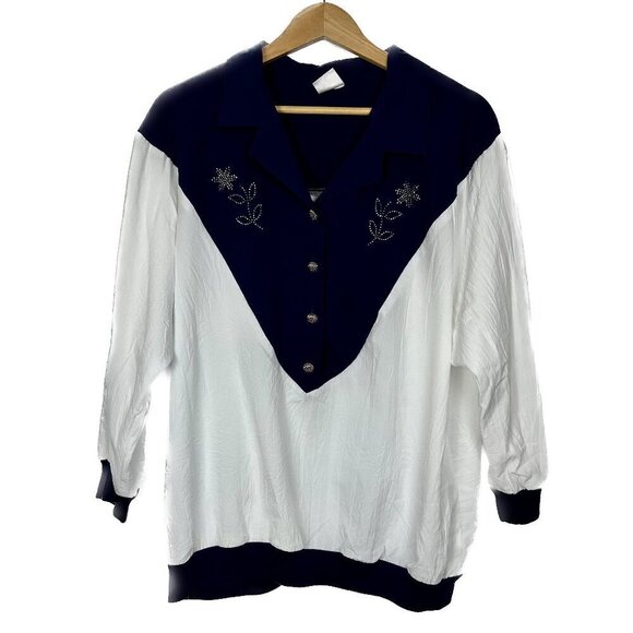 GW White and Blue rhinestoned Vintage Western Style Collared Blouse Sz. Large - Picture 1 of 8
